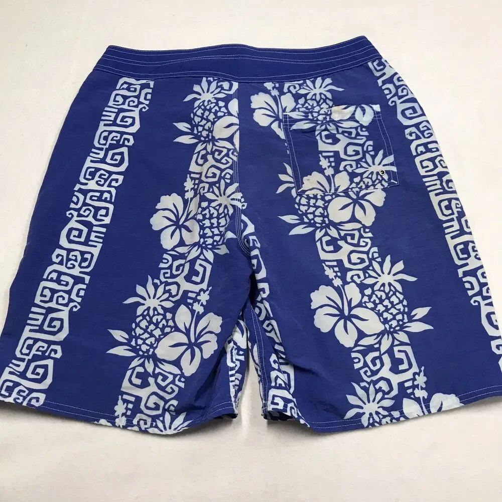 Vintage OP OCEAN PACIFIC Swim Board Trunks Men 34 Blue Hawaiian Print Nylon